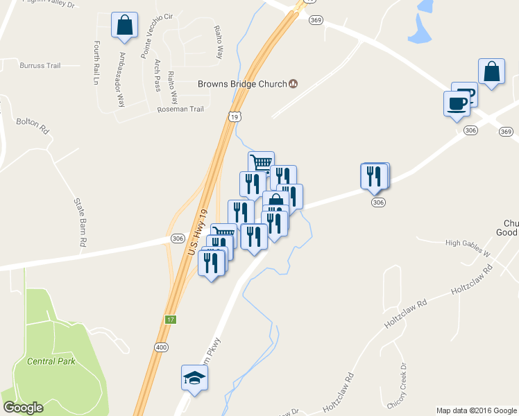 map of restaurants, bars, coffee shops, grocery stores, and more near 2837 Keith Bridge Road in Cumming
