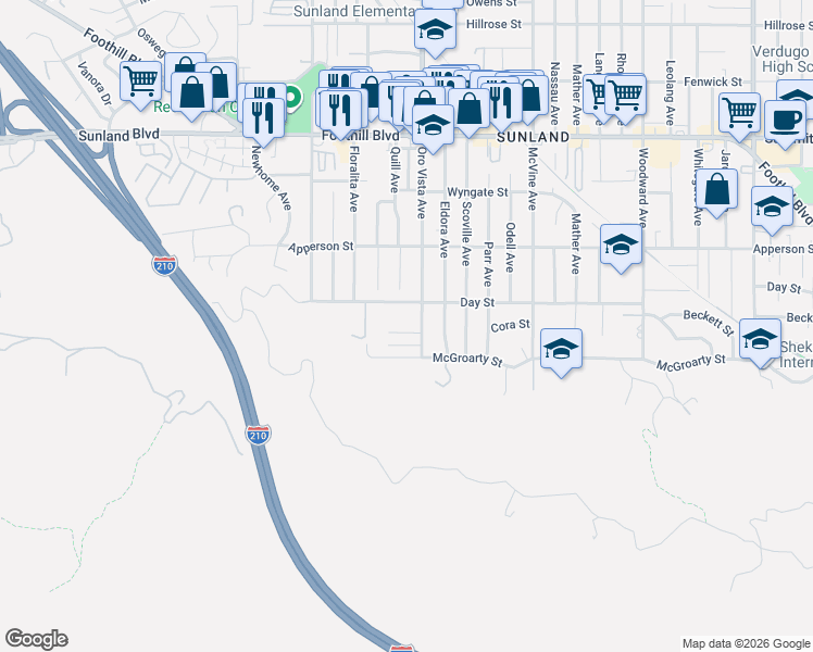 map of restaurants, bars, coffee shops, grocery stores, and more near 8409 Cora Street in Los Angeles