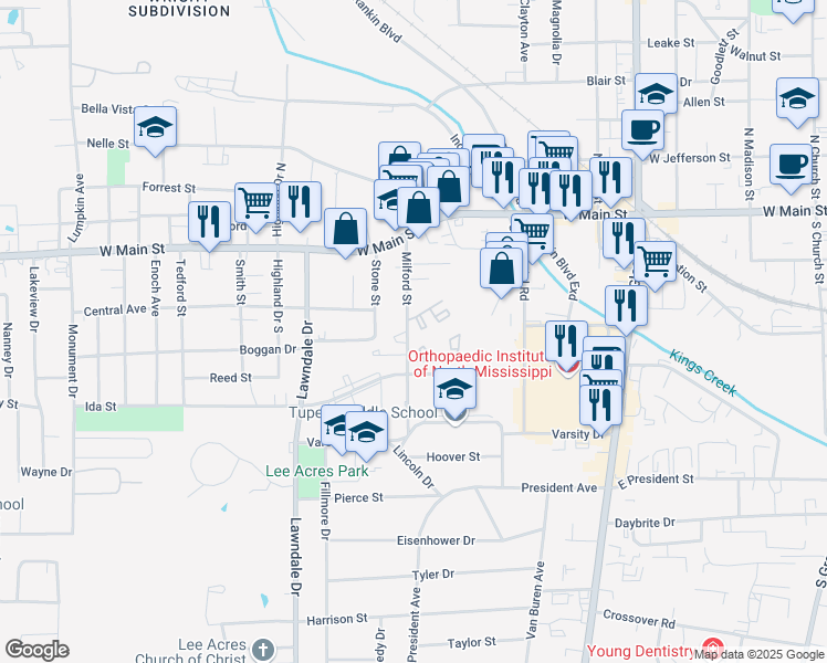 map of restaurants, bars, coffee shops, grocery stores, and more near 123 Milford Street in Tupelo