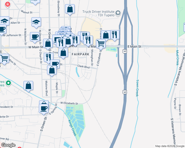 map of restaurants, bars, coffee shops, grocery stores, and more near E Elizabeth St in Tupelo