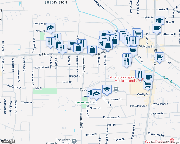 map of restaurants, bars, coffee shops, grocery stores, and more near 1235-1299 Central Ave in Tupelo