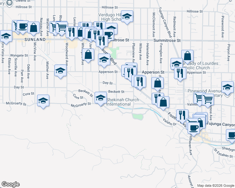 map of restaurants, bars, coffee shops, grocery stores, and more near 7664 Beckett Street in Los Angeles