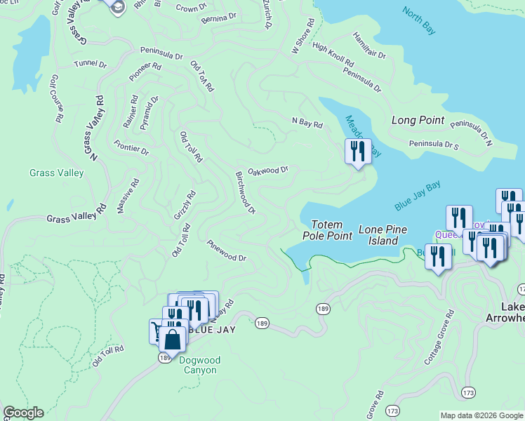 map of restaurants, bars, coffee shops, grocery stores, and more near 195 Birchwood Drive in Lake Arrowhead