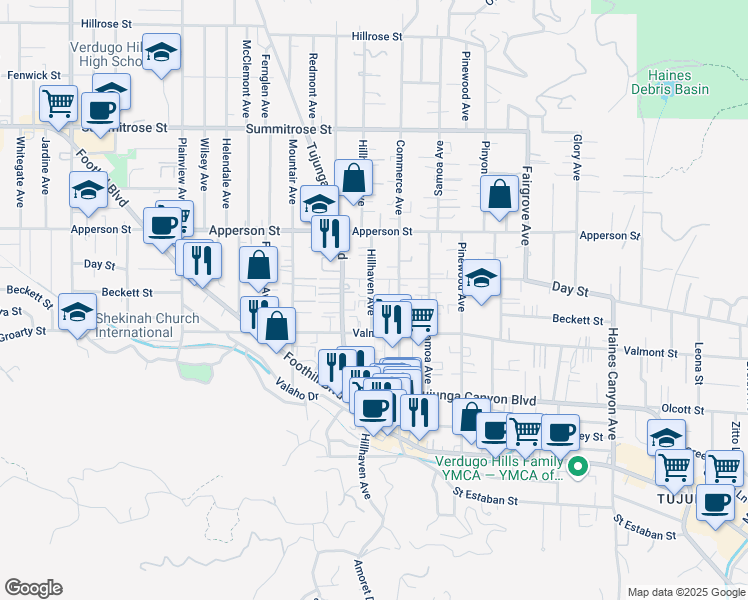 map of restaurants, bars, coffee shops, grocery stores, and more near 10161 Hillhaven Avenue in Los Angeles