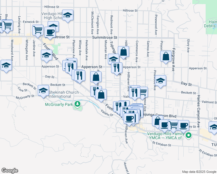 map of restaurants, bars, coffee shops, grocery stores, and more near 10154 Mountair Avenue in Los Angeles