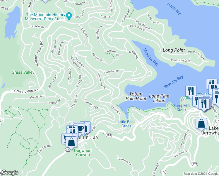map of restaurants, bars, coffee shops, grocery stores, and more near 195 Birchwood Drive in Lake Arrowhead