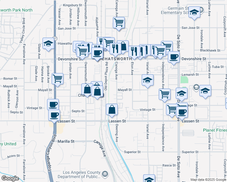 map of restaurants, bars, coffee shops, grocery stores, and more near 10101 Canoga Avenue in Los Angeles