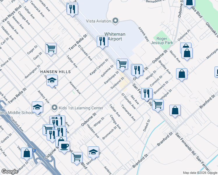 map of restaurants, bars, coffee shops, grocery stores, and more near 12882 Kamloops Street in Los Angeles