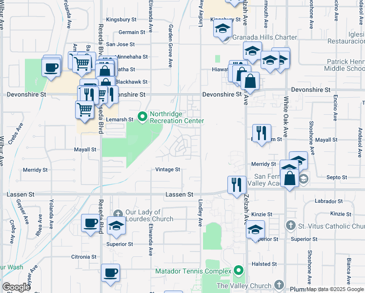 map of restaurants, bars, coffee shops, grocery stores, and more near 18120 Andrea Circle South in Los Angeles