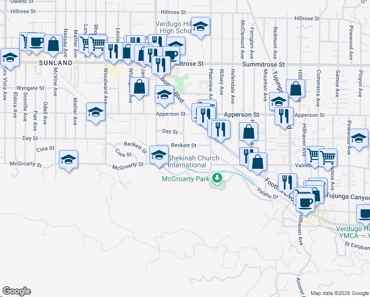 map of restaurants, bars, coffee shops, grocery stores, and more near 7664 Beckett Street in Los Angeles
