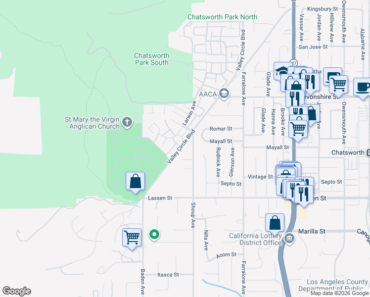 map of restaurants, bars, coffee shops, grocery stores, and more near 10062 Valley Circle Boulevard in Los Angeles