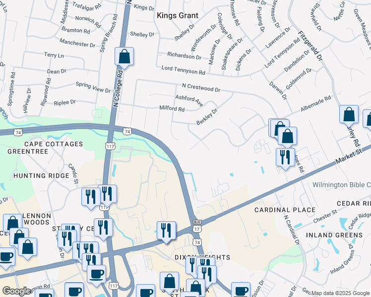 map of restaurants, bars, coffee shops, grocery stores, and more near 526 Albemarle Road in Wilmington