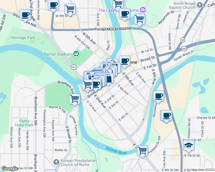map of restaurants, bars, coffee shops, grocery stores, and more near 303 Broad Street in Rome