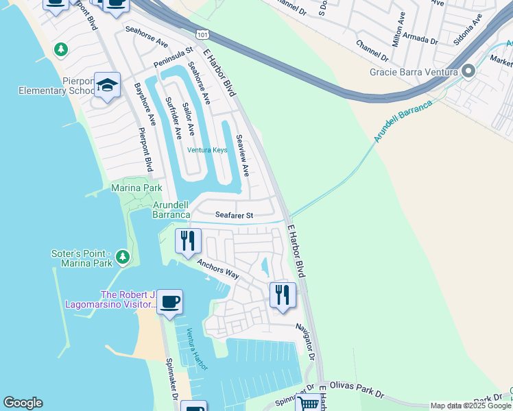 map of restaurants, bars, coffee shops, grocery stores, and more near 1225 Beachmont Street in Ventura