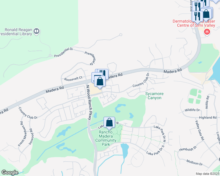 map of restaurants, bars, coffee shops, grocery stores, and more near 461 Country Club Drive in Simi Valley