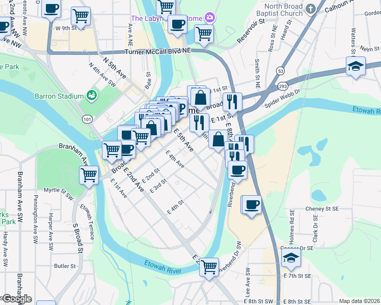 map of restaurants, bars, coffee shops, grocery stores, and more near 500 East 2nd Street in Rome