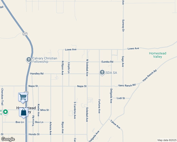 map of restaurants, bars, coffee shops, grocery stores, and more near 56622 Handley Road in Yucca Valley