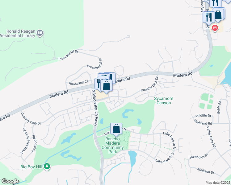 map of restaurants, bars, coffee shops, grocery stores, and more near 461 Country Club Drive in Simi Valley
