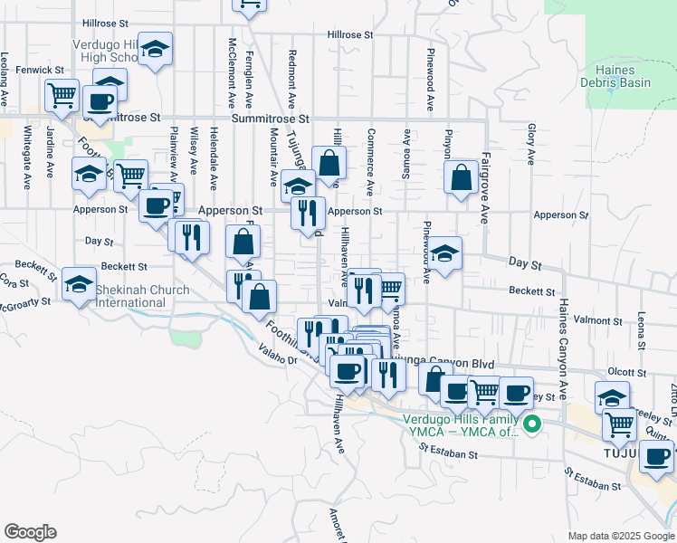 map of restaurants, bars, coffee shops, grocery stores, and more near 10139 Hillhaven Avenue in Los Angeles