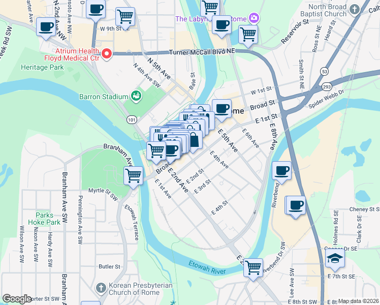 map of restaurants, bars, coffee shops, grocery stores, and more near 303 Broad Street in Rome