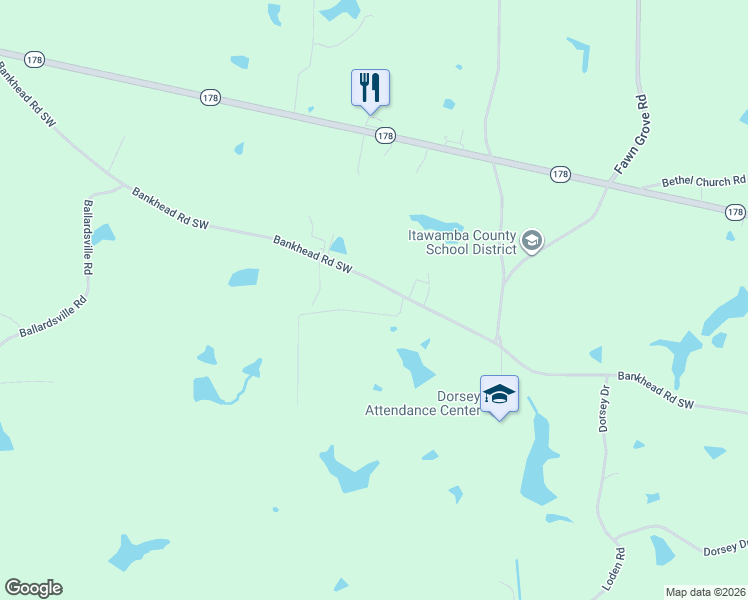 map of restaurants, bars, coffee shops, grocery stores, and more near 1058-1270 Bankhead Road Southwest in Mantachie