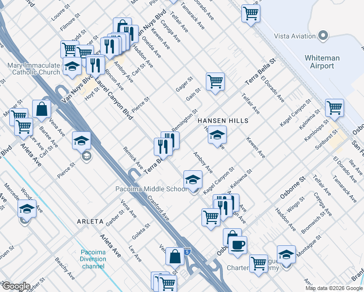 map of restaurants, bars, coffee shops, grocery stores, and more near 13407 Terra Bella Street in Los Angeles