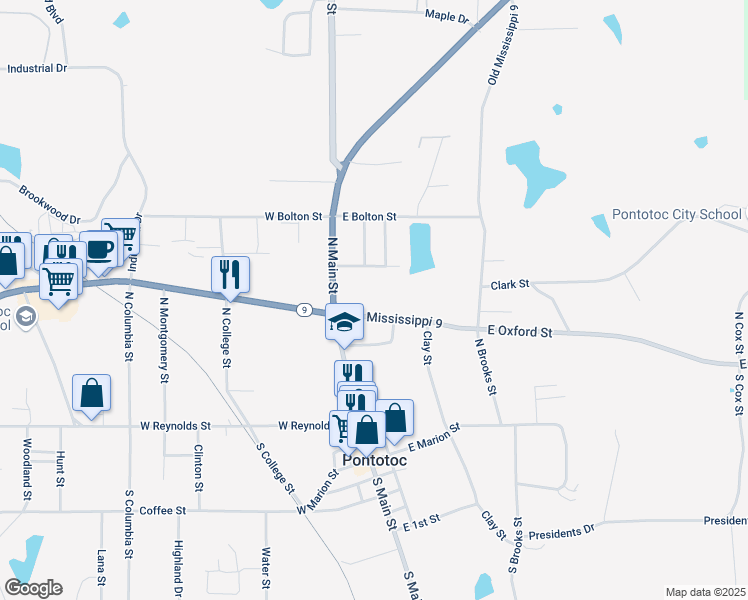 map of restaurants, bars, coffee shops, grocery stores, and more near 125 Warren Street in Pontotoc