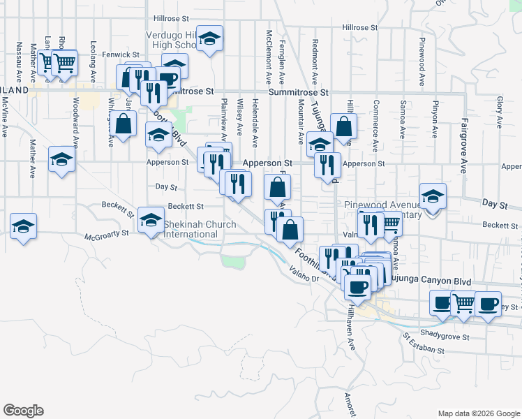 map of restaurants, bars, coffee shops, grocery stores, and more near 10141 McClemont Avenue in Los Angeles