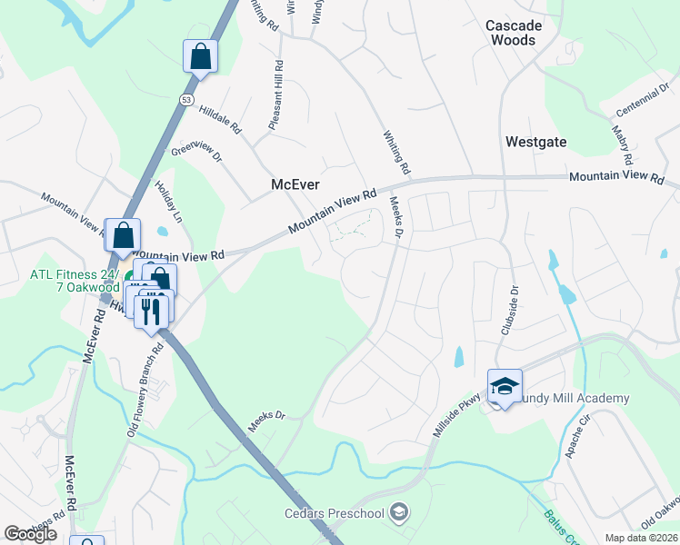 map of restaurants, bars, coffee shops, grocery stores, and more near 3685 Mountain View Road in Gainesville