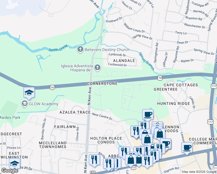 map of restaurants, bars, coffee shops, grocery stores, and more near 4527 Sagedale Drive in Wilmington