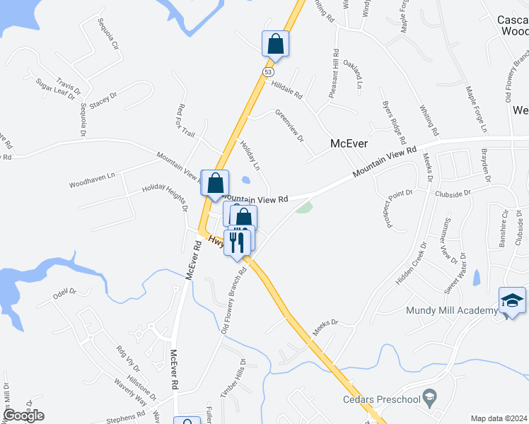 map of restaurants, bars, coffee shops, grocery stores, and more near 3925 Mountain View Road in Oakwood