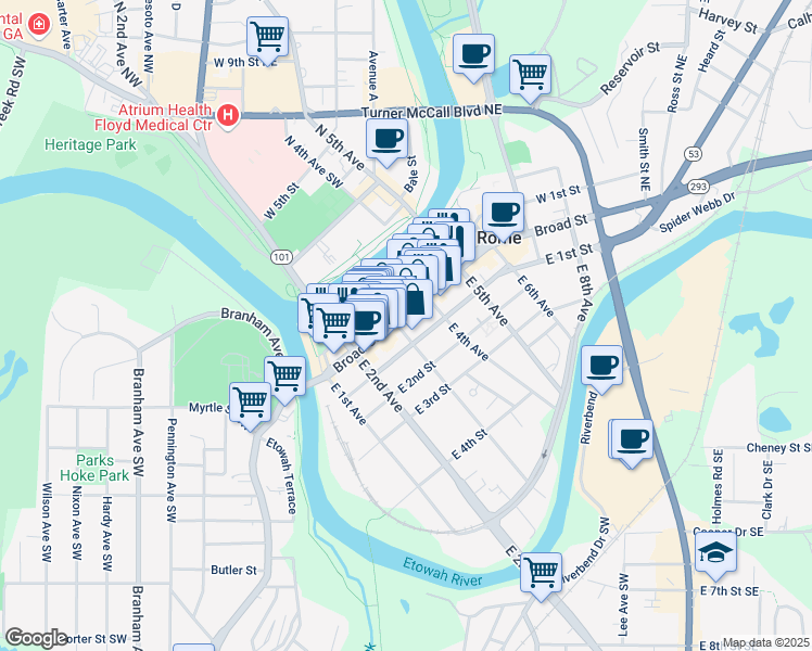 map of restaurants, bars, coffee shops, grocery stores, and more near 1 East 3rd Avenue in Rome