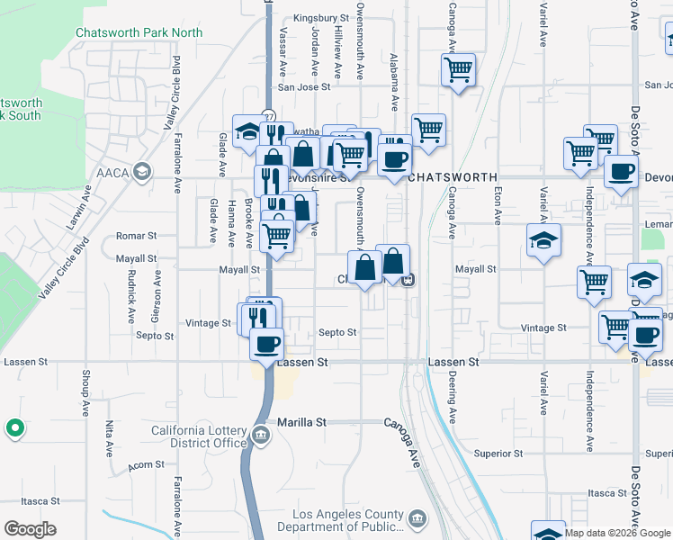 map of restaurants, bars, coffee shops, grocery stores, and more near 10065 Hillview Avenue in Los Angeles