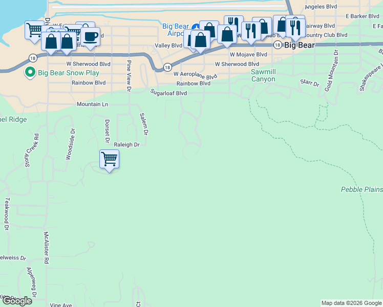 map of restaurants, bars, coffee shops, grocery stores, and more near 455 Tanglewood Drive in Big Bear