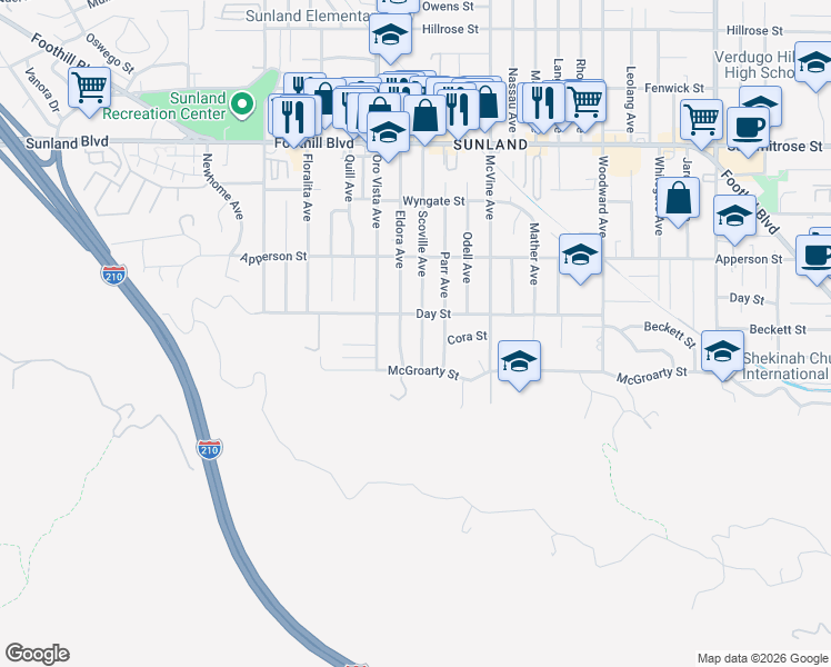 map of restaurants, bars, coffee shops, grocery stores, and more near 10141 Scoville Avenue in Los Angeles