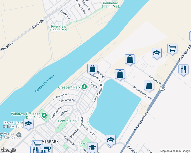 map of restaurants, bars, coffee shops, grocery stores, and more near Whalen Way in Oxnard