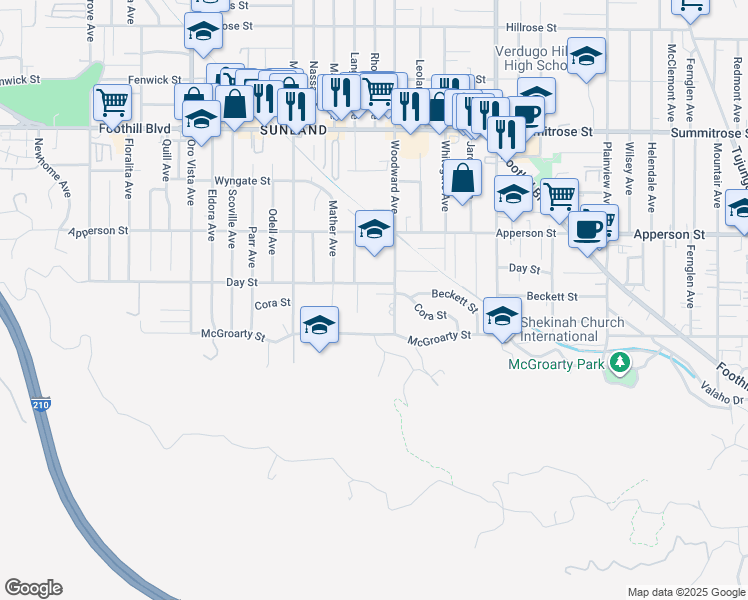 map of restaurants, bars, coffee shops, grocery stores, and more near 8020 Cora Street in Los Angeles