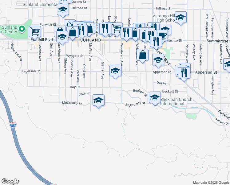 map of restaurants, bars, coffee shops, grocery stores, and more near 8020 Cora Street in Los Angeles