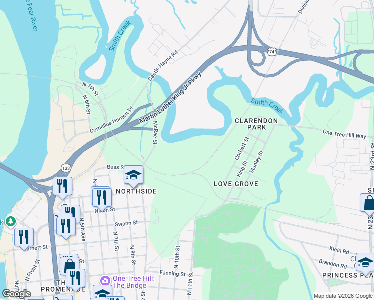 map of restaurants, bars, coffee shops, grocery stores, and more near 1751 Corbett Street in Wilmington