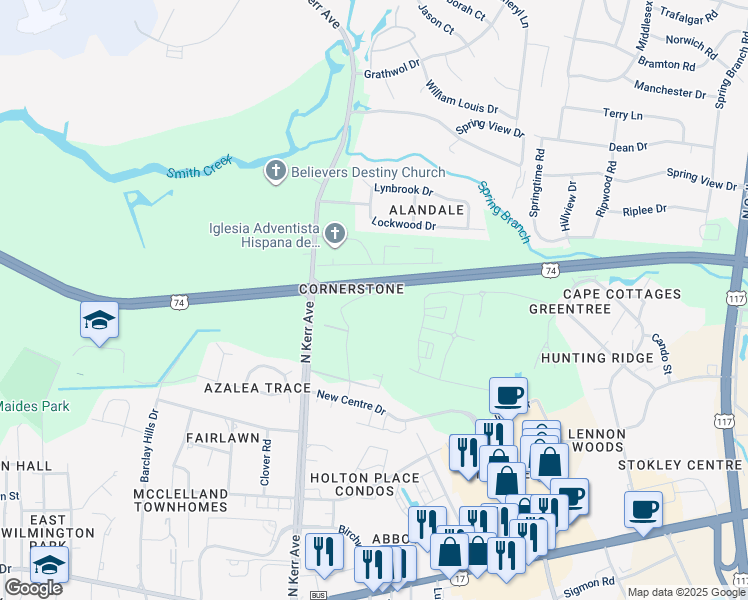 map of restaurants, bars, coffee shops, grocery stores, and more near 4527 Sagedale Drive in Wilmington