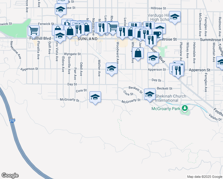 map of restaurants, bars, coffee shops, grocery stores, and more near 8020 Cora Street in Los Angeles