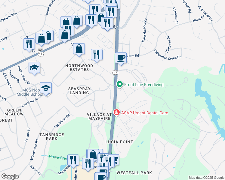 map of restaurants, bars, coffee shops, grocery stores, and more near 505 Sandcastle Court in Wilmington