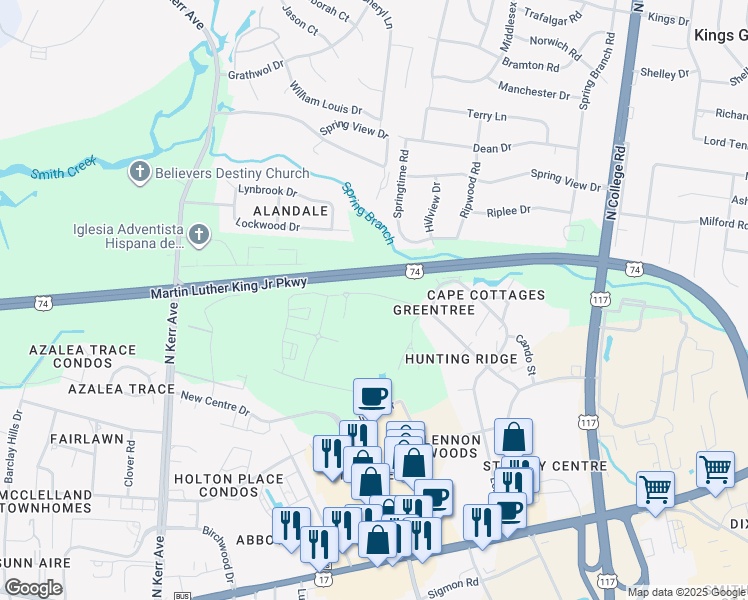 map of restaurants, bars, coffee shops, grocery stores, and more near 5012 Hunters Trail in Wilmington