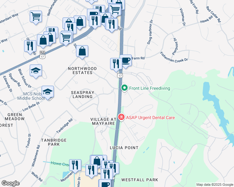 map of restaurants, bars, coffee shops, grocery stores, and more near 505 Sandcastle Court in Wilmington