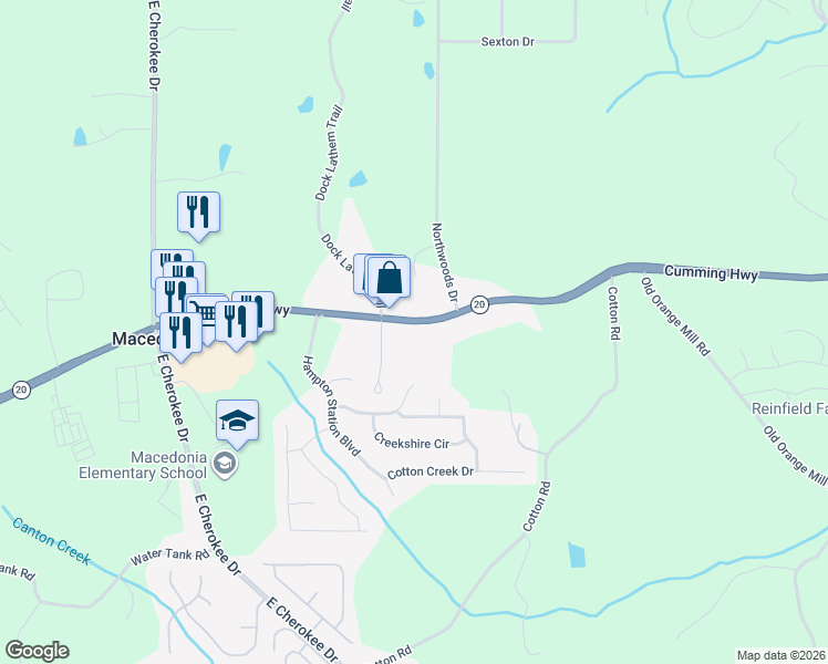 map of restaurants, bars, coffee shops, grocery stores, and more near 8600 Cumming Highway in Canton