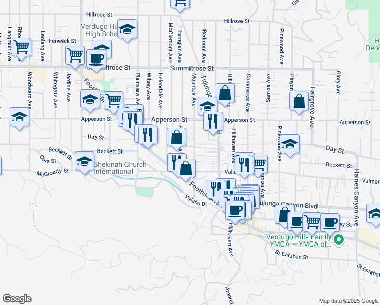 map of restaurants, bars, coffee shops, grocery stores, and more near 10154 Mountair Avenue in Los Angeles