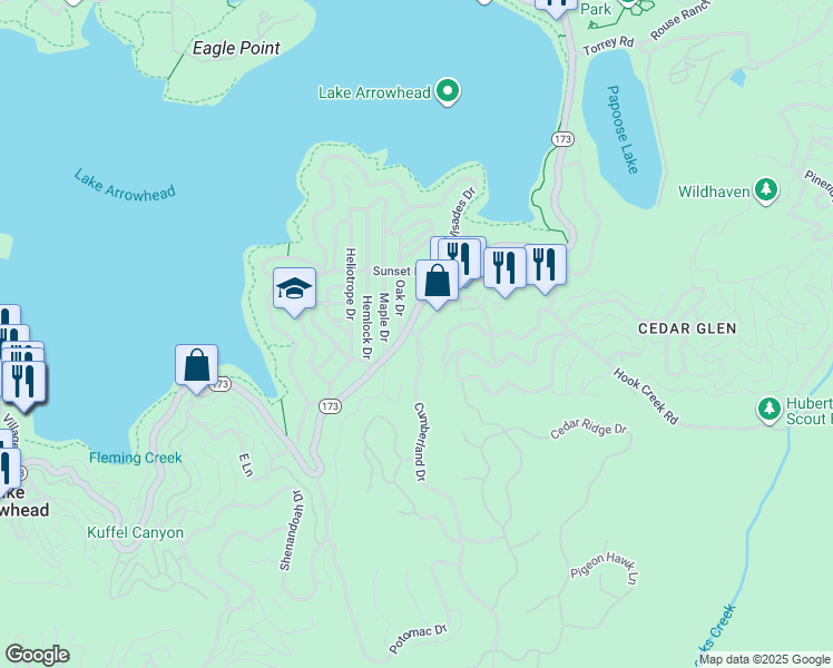 map of restaurants, bars, coffee shops, grocery stores, and more near 2 Cumberland Drive in Lake Arrowhead