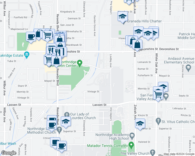 map of restaurants, bars, coffee shops, grocery stores, and more near 18175 Andrea Circle North in Los Angeles
