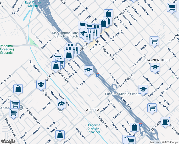 map of restaurants, bars, coffee shops, grocery stores, and more near 10117 Sharp Avenue in Los Angeles