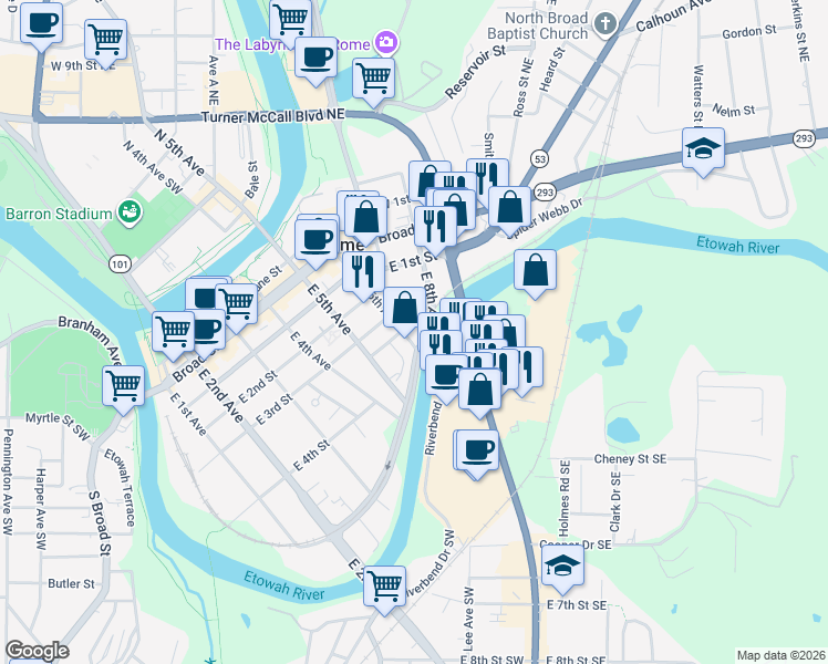 map of restaurants, bars, coffee shops, grocery stores, and more near 305 East 6th Avenue in Rome